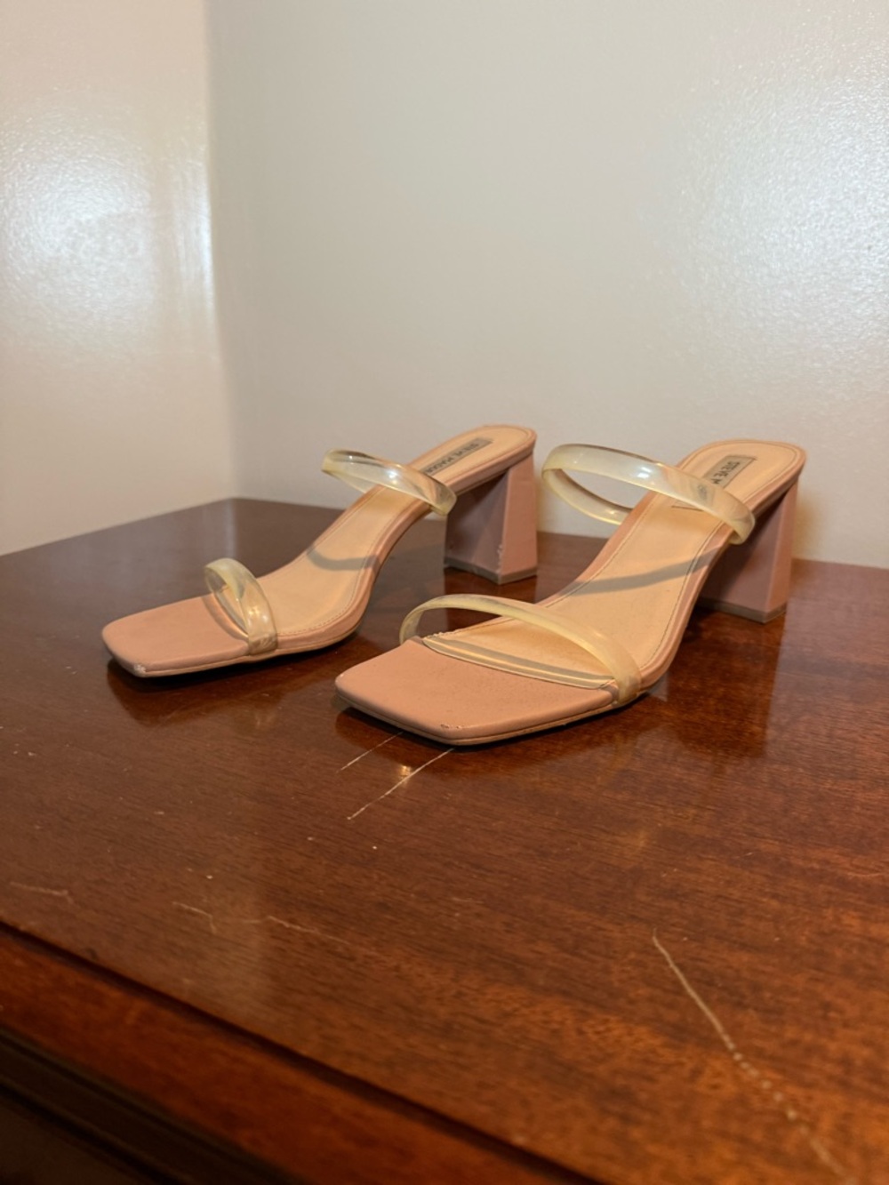 Steve Madden Clear-Strap Block Heels in Blush